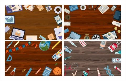 Vector tables with office, school and medical supplies. Pharmacy template for Stock Illustration