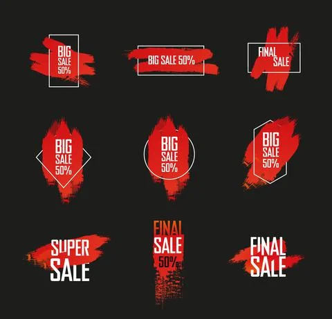 Vector tag with red brush strokes, blots, geometric elements, for big sale, o Illustrazione stock