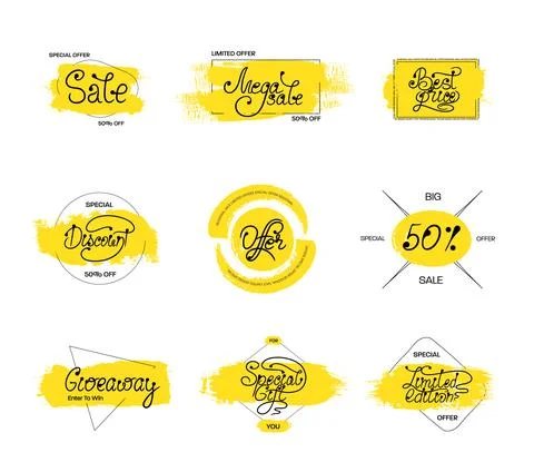 Vector tag with yellow brush strokes, blots, geometric elements, calligraphy  Stock Illustration