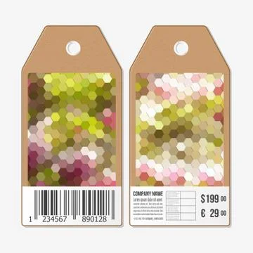 Vector tags design on both sides, cardboard sale labels with barcode. Polygonal Illustrazione stock