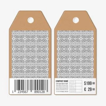Vector tags design on both sides, cardboard sale labels with barcode. Ukrainian Stock Illustration