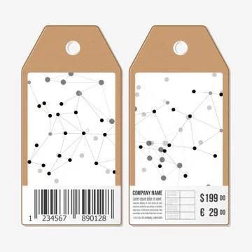 Vector tags design on both sides, cardboard sale labels with barcode. Molecule Stock Illustration