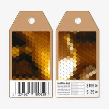 Vector tags design on both sides, cardboard sale labels with barcode. Polygonal Illustrazione stock