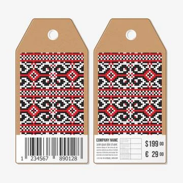 Vector tags design on both sides, cardboard sale labels with barcode. Ukrainian Illustrazione stock
