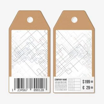 Vector tags design on both sides, cardboard sale labels with barcode. Abstract Illustrazione stock