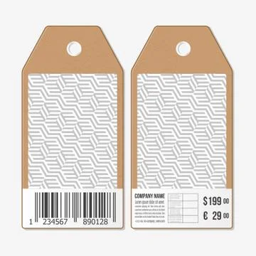 Vector tags design on both sides, cardboard sale labels with barcode. Recurring Illustrazione stock