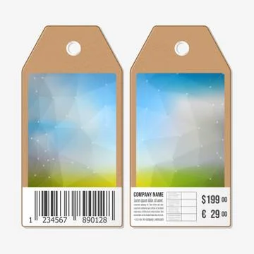 Vector tags design on both sides, cardboard sale labels with barcode. Polygonal Illustrazione stock