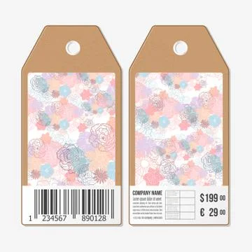 Vector tags design on both sides, cardboard sale labels with barcode. Hand drawn Stock Illustration