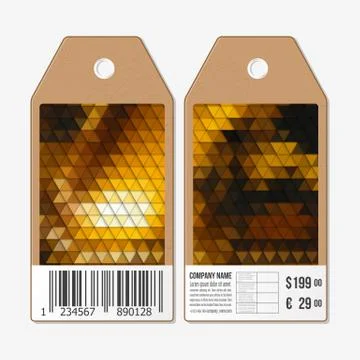 Vector tags design on both sides, cardboard sale labels with barcode. Polygonal Stock Illustration