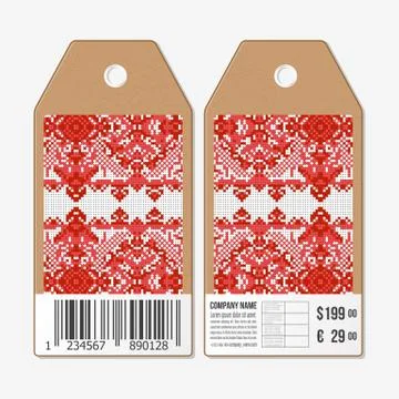 Vector tags design on both sides, cardboard sale labels with barcode. Ukrainian Illustrazione stock