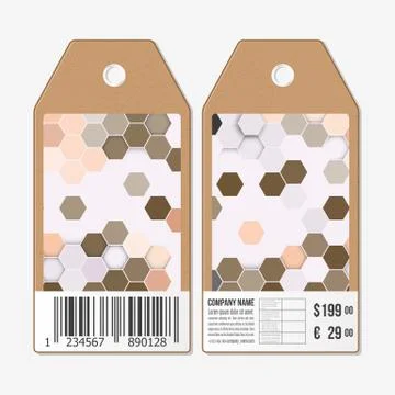 Vector tags design on both sides, cardboard sale labels with barcode. Polygonal Illustrazione stock