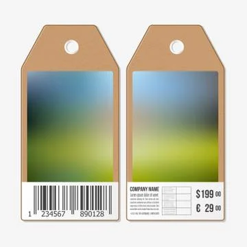 Vector tags design on both sides, cardboard sale labels with barcode. Blurred Illustrazione stock