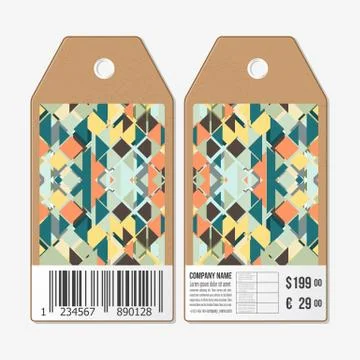 Vector tags design on both sides, cardboard sale labels with barcode. Material Stock Illustration