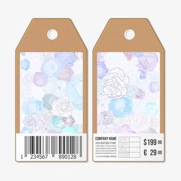 Vector tags design on both sides, cardboard sale labels with barcode. Hand drawn Illustrazione stock