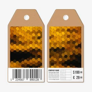 Vector tags design on both sides, cardboard sale labels with barcode. Polygonal Stock Illustration