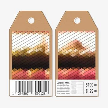 Vector tags design on both sides, cardboard sale labels with barcode. Polygonal 스톡 일러스트