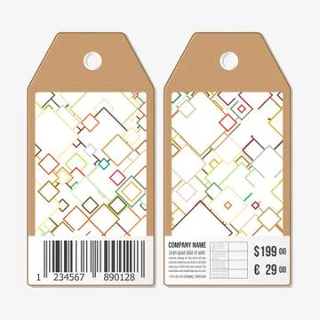 Vector tags design on both sides, cardboard sale labels with barcode. Abstract Illustrazione stock