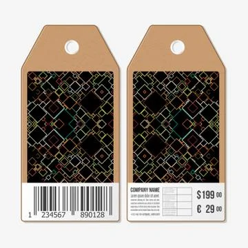 Vector tags design on both sides, cardboard sale labels with barcode. Material Illustrazione stock