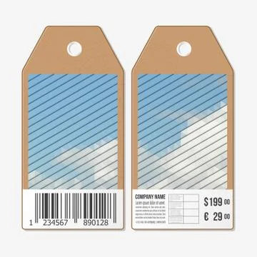 Vector tags design on both sides, cardboard sale labels with barcode. Polygonal Illustrazione stock