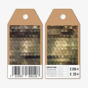 Vector tags design on both sides, cardboard sale labels with barcode. Polygonal Stock Illustration