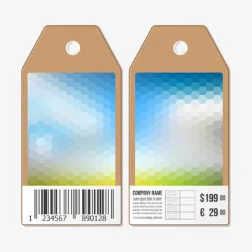 Vector tags design on both sides, cardboard sale labels with barcode. Polygonal Illustrazione stock