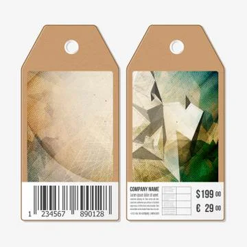 Vector tags design on both sides, cardboard sale labels with barcode. Conceptual Stock-Illustration
