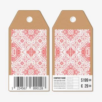 Vector tags design on both sides, cardboard sale labels with barcode. Ukrainian Stock Illustration