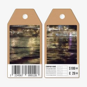Vector tags design on both sides, cardboard sale labels with barcode. Polygonal Illustrazione stock