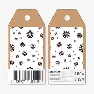 Vector tags design on both sides, cardboard sale labels with barcode. Hand drawn Illustrazione stock