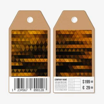 Vector tags design on both sides, cardboard sale labels with barcode. Polygonal Illustrazione stock