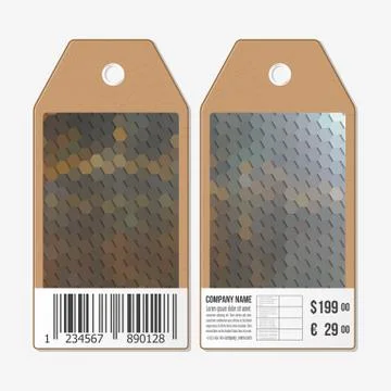 Vector tags design on both sides, cardboard sale labels with barcode. Polygonal 스톡 일러스트