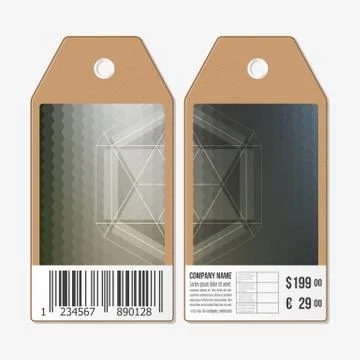 Vector tags design on both sides, cardboard sale labels with barcode. Polygonal Illustrazione stock