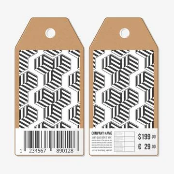 Vector tags design on both sides, cardboard sale labels with barcode. Recurring Stock Illustration
