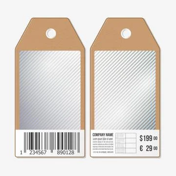 Vector tags design on both sides, cardboard sale labels with barcode. Lines Illustrazione stock