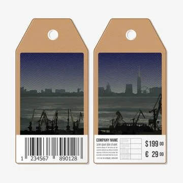 Vector tags design on both sides, cardboard sale labels with barcode. Shipyard 스톡 일러스트