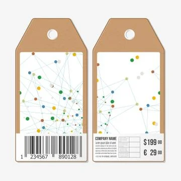 Vector tags design on both sides, cardboard sale labels with barcode. Molecule Illustrazione stock