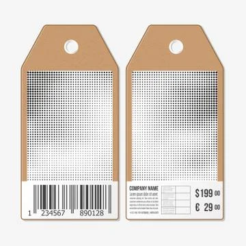 Vector tags design on both sides, cardboard sale labels with barcode. Abstract Illustrazione stock