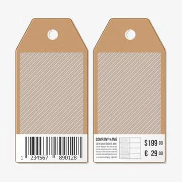 Vector tags design on both sides, cardboard sale labels with barcode. Vintage Illustrazione stock