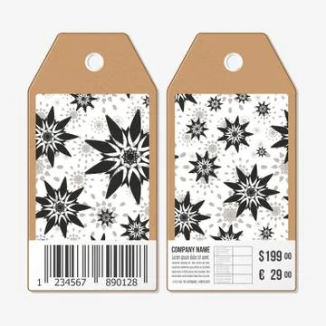 Vector tags design on both sides, cardboard sale labels with barcode. Hand drawn Illustrazione stock