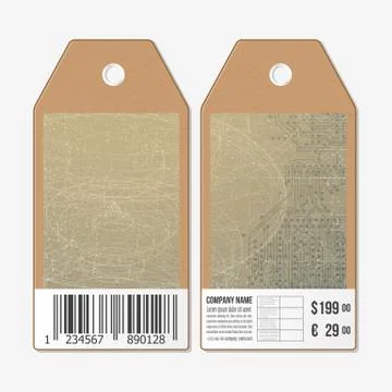 Vector tags design on both sides, cardboard sale labels with barcode. Abstract Illustrazione stock