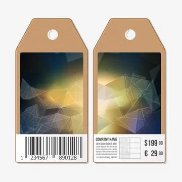 Vector tags design on both sides, cardboard sale labels with barcode. Polygonal 스톡 일러스트