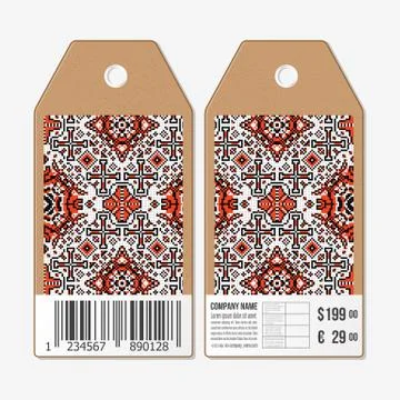 Vector tags design on both sides, cardboard sale labels with barcode. Ukrainian Illustrazione stock