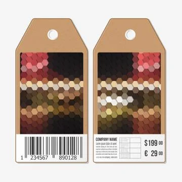 Vector tags design on both sides, cardboard sale labels with barcode. Polygonal Stock Illustration