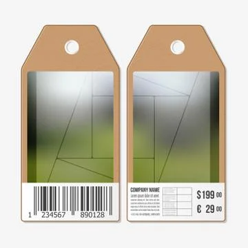 Vector tags design on both sides, cardboard sale labels with barcode. Abstract Illustrazione stock