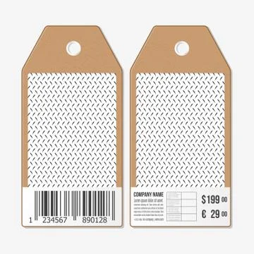 Vector tags design on both sides, cardboard sale labels with barcode. Geometric Stock Illustration