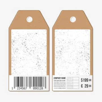 Vector tags design on both sides, cardboard sale labels with barcode. Grunge Stock Illustration