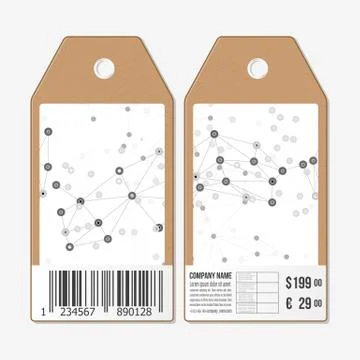 Vector tags design on both sides, cardboard sale labels with barcode. Molecul Illustrazione stock