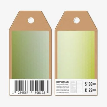 Vector tags design on both sides, cardboard sale labels with barcode. Blurred Illustrazione stock