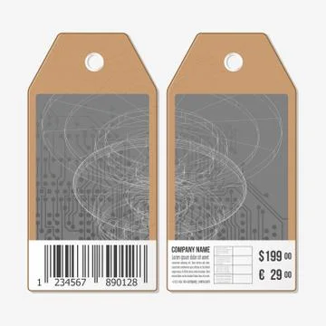 Vector tags design on both sides, cardboard sale labels with barcode. Abstrac Illustrazione stock