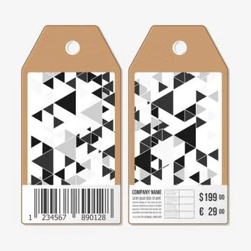 Vector tags design on both sides, cardboard sale labels with barcode. Triangu Stock Illustration